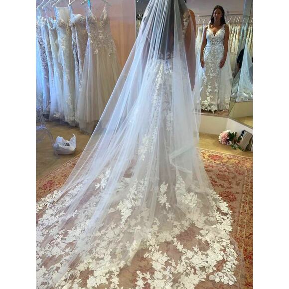 New Extra Long Bridal Veil Wedding Lace Trim Floral Cathedral Ivory White - Picture 1 of 7